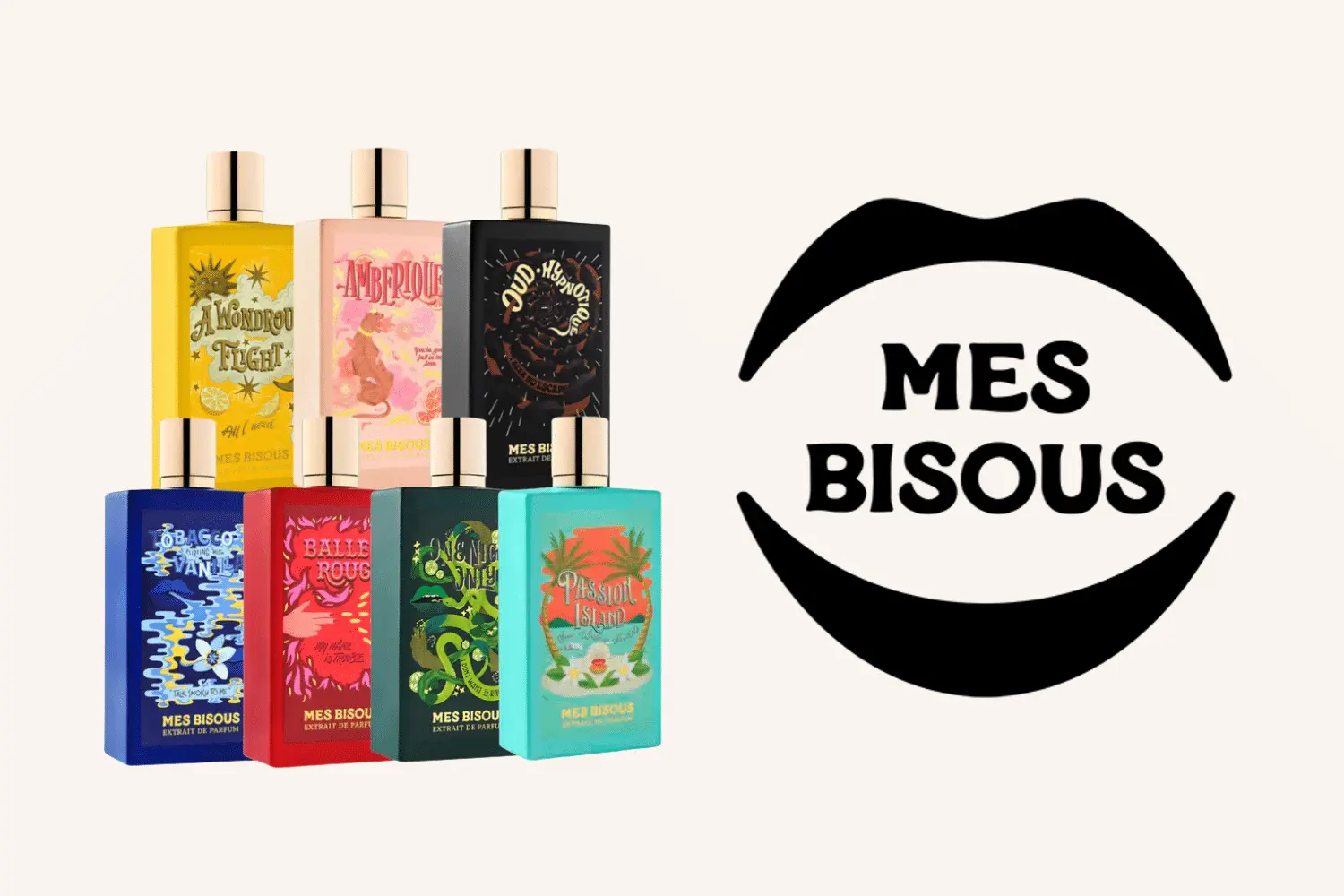Seis frascos de perfumes coloridos de la marca Mes Bisous junto a su logotipo en forma de labios con el texto Mes Bisous